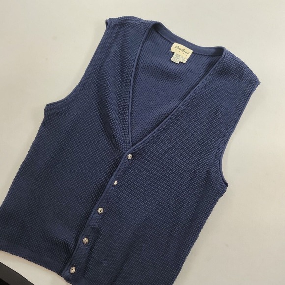 Vintage Eddie Bauer Knit Cardigan Sweater Vest Men Large Tall Navy Blue Made USA - Picture 4 of 8